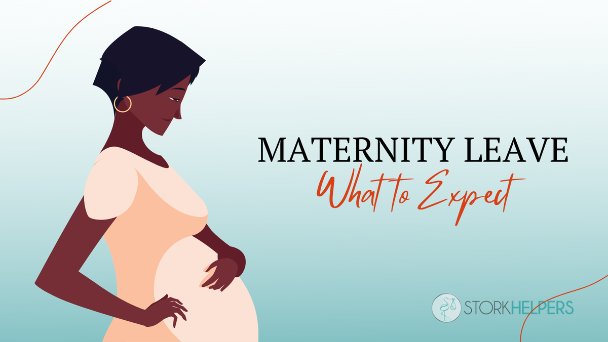 The image contains a graphic of a pregnant woman serenely touching her abdomen. The background is a white to blue gradient. Text reads "Maternity Leave: What to Expect"  